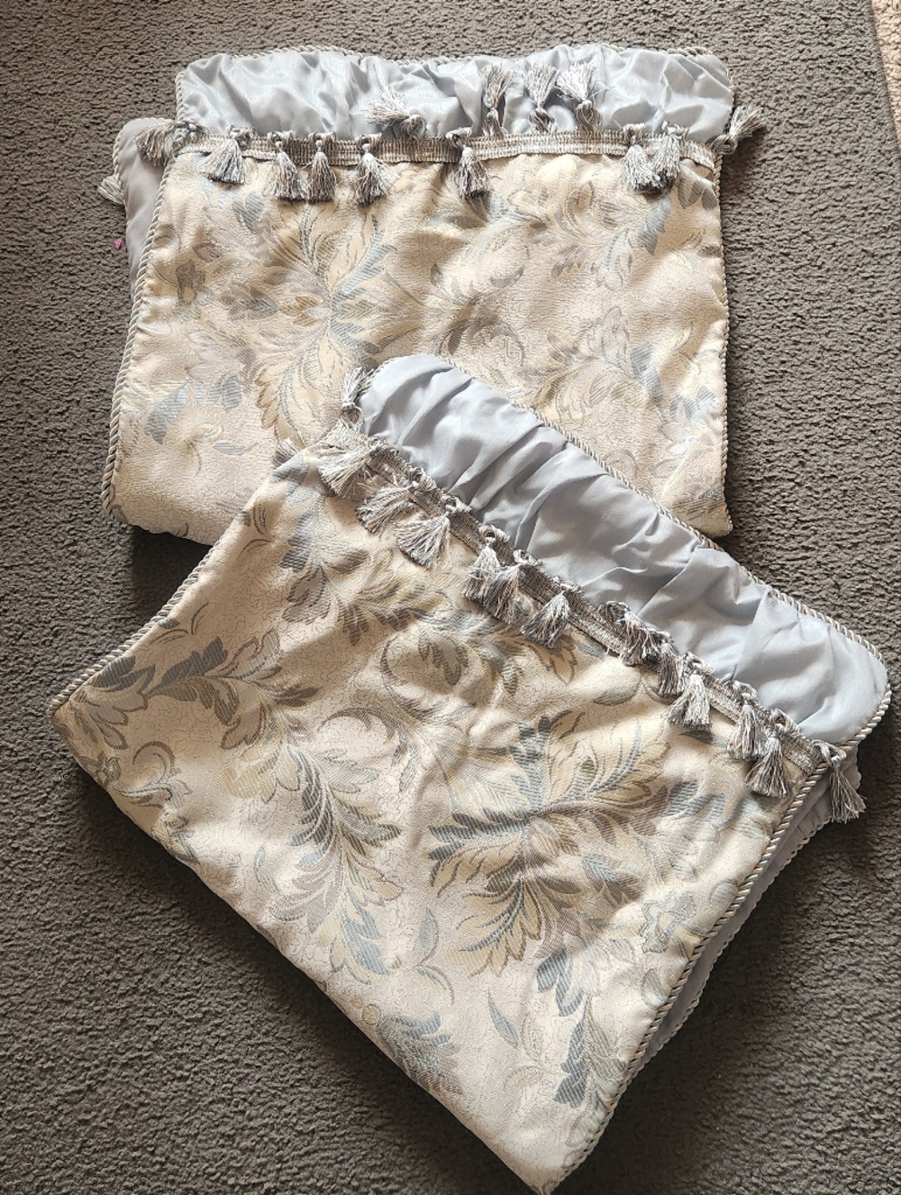CHRIS MADDEN Shams Pillow Case Gray Beige Floral Tassels Set of 2